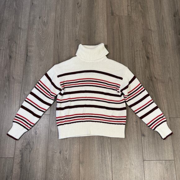 Madewell Ribbed Cotton Turtleneck Sweater WMNS S White Red Cabernet Stripe Knit - Picture 3 of 9